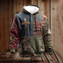 SYMOID Big & Tall American Flag Cross Camo Hoodie – Legergroen, 4XL, 100% sneldrogend polyester, capuchon met trekkoord, kangoeroezak