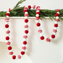 Red & White Pom Pom Garland – 70in Felt Ball Ornament for Christmas Tree, Xmas Party, Birthday Banner (Compatible with Holiday Decor)