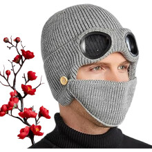 3-in-1 Unisex Knitted Goggles Beanie, Winter Thermal Hat with Detachable Mask and Integrated Glasses for Cold Weather Outdoor Use.