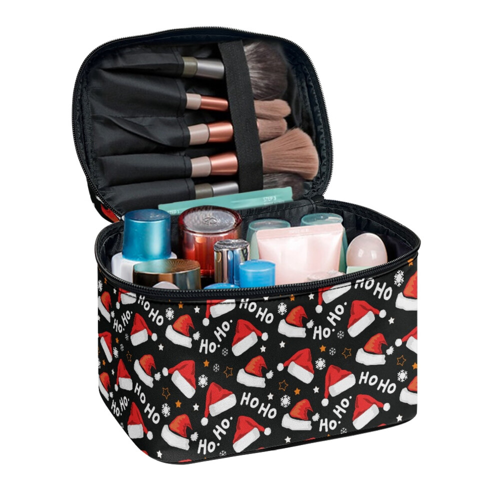 Christmas Hat Pattern Portable Makeup Brush Bag Cosmetic Toiletry Bags 8.86 x 6.5 x 5.9 Inches Brush Slots