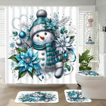 4pcs Snowman Shower Curtain Set with Hooks, Non-Slip Mats & Toilet Lid Mats – Compatible with Standard Showers