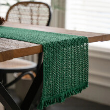 table flag cotton linen splicing solid color woven tassel natural material table flag desktop decoration,green, 140 * 30cm