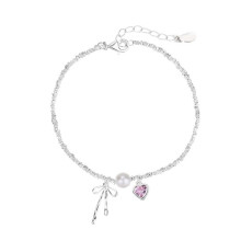 Dainty Heart & Bow Pearl Bracelet for Women – Adjustable Sterling Silver Chain, Beaded, Elegant Minimalist Jewelry, Compatible with Daily Wear