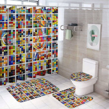Colorful Tiles 4-Piece Shower Set: Curtain, Rug, Toilet Cover & U-Shaped Mat – Waterproof Ceramic Tile Art Decor