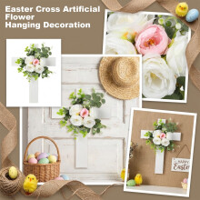 Wooden Cross Wall Decor with Artificial Floral Arrangement and Eucalyptus Leaves for Home Memorial Display