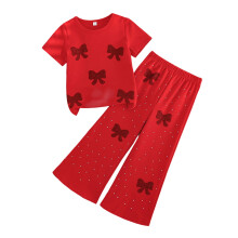 Girls' Sparkle Bow 2-Piece Set, Red Sequin Top & Wide Leg Pants, Holiday Birthday Party Outfit, Stretchy Comfort, Sizes 90-130 (4-9Y),Size 5 T