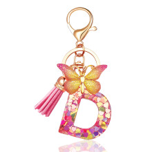 Initial letter Keychains for Women Tassel Butterfly Pink Purple Cute Car Keychain for Wallet Backpack