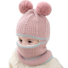 Polyester Knitted Baby Hat with Pompoms for 2 - 5 Years Old, Thickened, Windproof and Integrated Scarf Design for Autumn and Winter