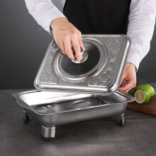 Plateau de buffet rectangulaire HOMEMAXS en acier inoxydable avec couvercle, idéal pour les réceptions et les traiteurs. Support à 4 pieds.