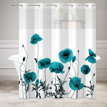 Rideau de douche bleu sarcelle avec doublure Ă boutons-pression, rideau de salle de bain en tissu Ă motifs floraux bleus et verts, 180 cm 218 cm