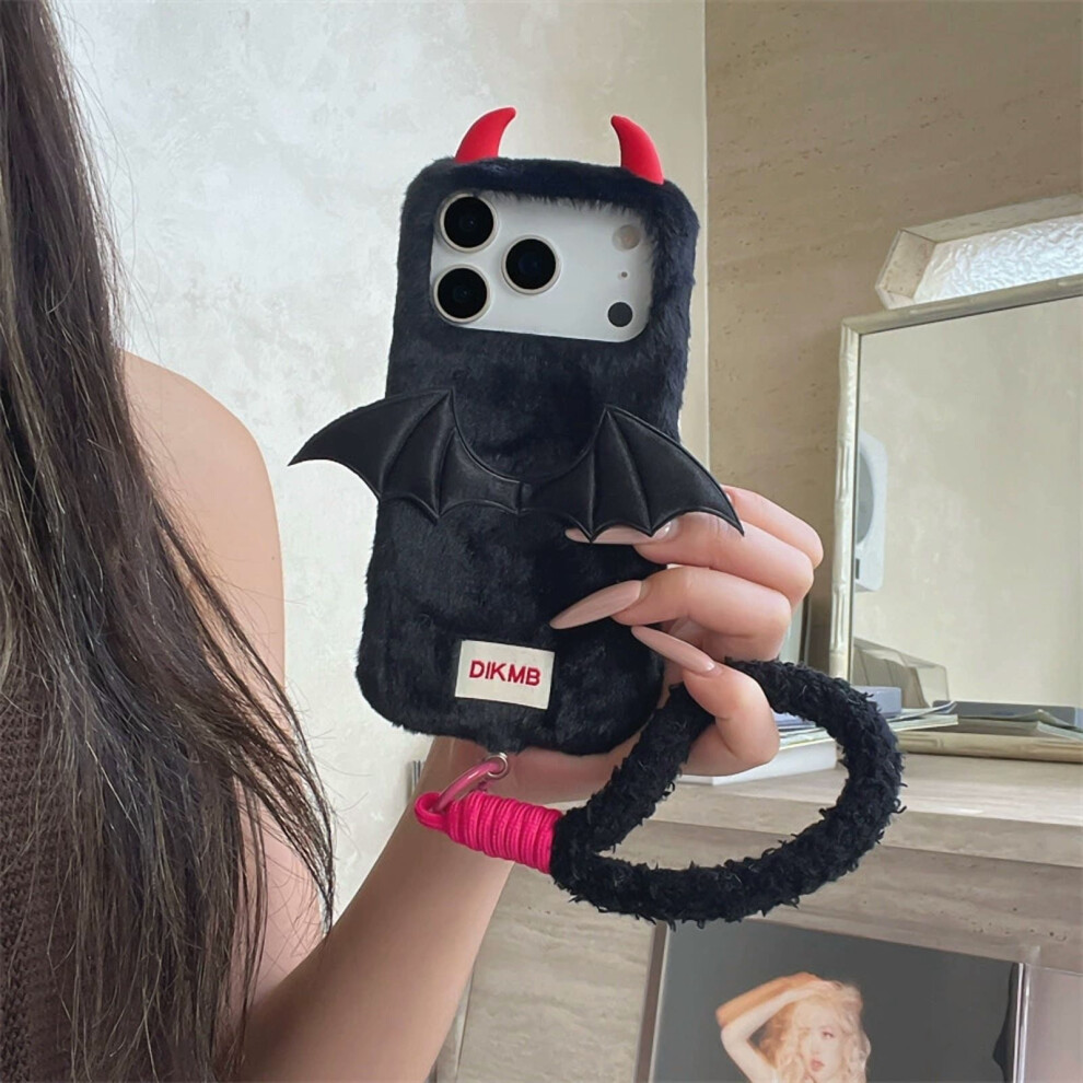 Fluffy Devil Anti-Fall Case For Iphone 17 Pro MaxâSoft Warm Grip, Detachable Wrist Strap, Gothic Halloween Gift, Black 9377112575032