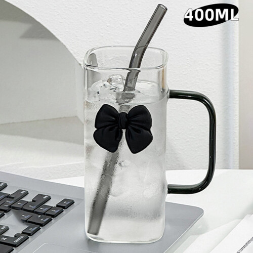 Γυάλινο ποτήρι νερού 400ml με φιόγκο, λαβή, καλαμάκι και καπάκι – Διαφανές, δώρο για 2