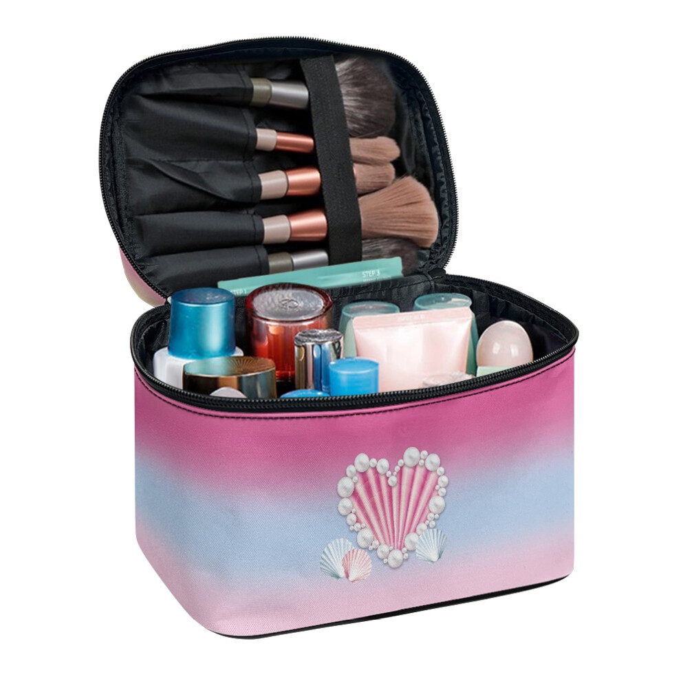 Makeup Bag Lightweight Travel Makeup Organizer Case with Brush Slots Multifunctional Double Zip Pastel Shell Heart