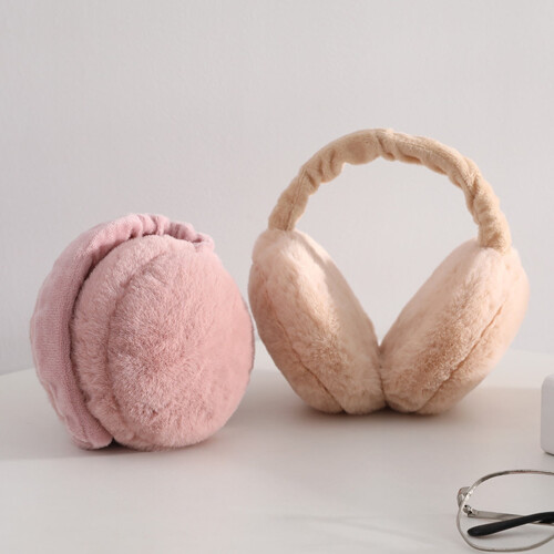 Warm Winter Earmuff Soft Plush Foldable Windproof Thicken Ear Fluffy Solid Color Elastic Ear Cover Head Accessory Beige