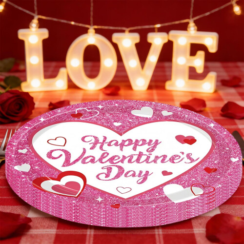 Valentine's Day Pink Glitter Heart Tableware Set – B