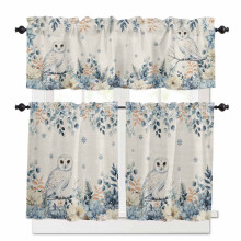 Christmas Owl Kitchen Curtains & Valances Set, Blue Eucalyptus Floral Winter Linen, Rod Pocket, 27.5x36in, 3-Pc