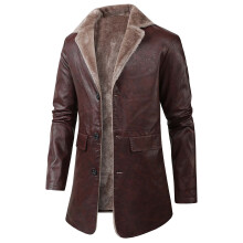Men's Trench Coat Slim Fit Mid Length Leather Jacket Business Casual Winter Coat With Thick And Oversized Notch Lapel For Men