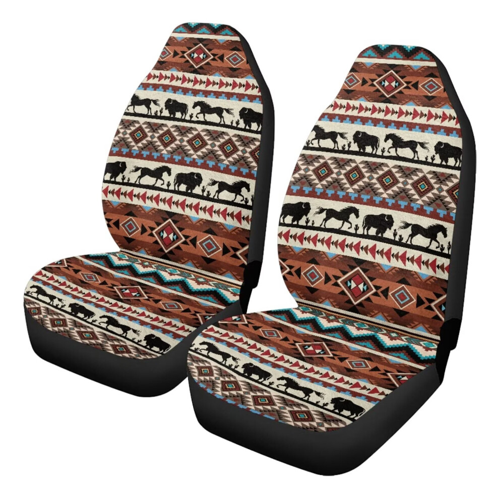 Car Seat Cover Universal Front Auto Cushion Cover Fit For Cars Suv Truck, 2Pcs/Set, Car Interior Accessories, Southwestern Aztec Tribal Horse Cow Coral 9027700581326