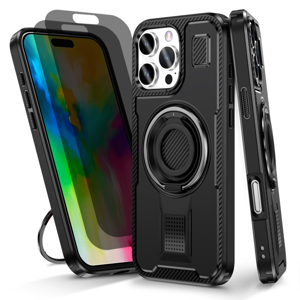 Iphone 16 Pro Max Case With 2 Privacy Screen Protectors, Shockproof, Anti-Fingerprint, 360 Rotatable Ring Stand Â Black 9065194319261