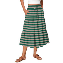 Gonna midi da donna casual a righe con elastico in vita e coulisse, verde scuro, taglia XXL