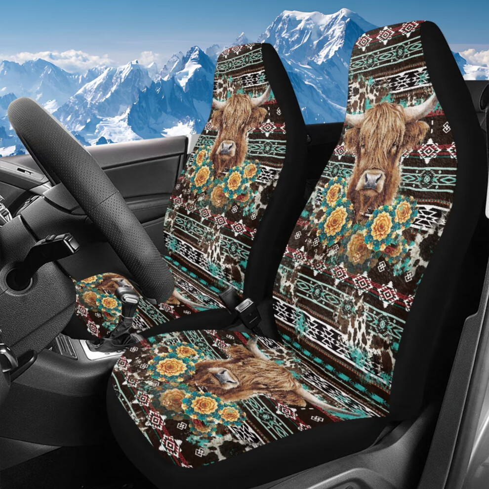 Front Car Seat Covers 2-Pack, Highland Cow Retro Aztec Tribal Design, High Back Bucket Style, Universal Fit, Easy Install, Compatible With Most Cars Coral 9027700118140