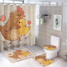 4-Pc Shower Curtain Set w/ Rug, Toilet Lid Cover & Non-Slip U-Shape Mat – Farmhouse Chicken Design, Waterproof, Compatible with Standard Showers