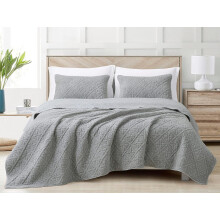 Chezmoi Bethany 3-Piece King Sherpa Quilt Set – Reversible Floral Quilted Blanket, Washed Microfiber, Lightweight, Gray