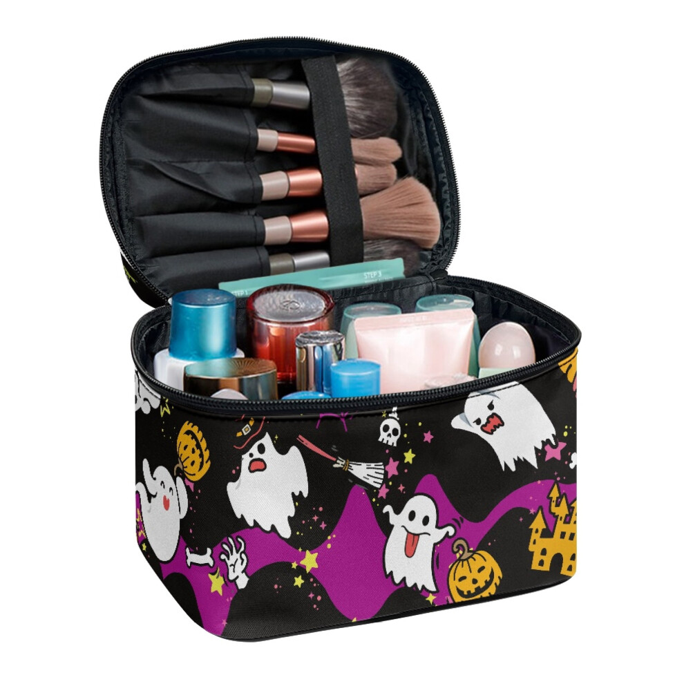 Travel Cosmetic Bag (8.86"x6.5"x5.9"), Polyester, Brush Slots & Pockets, Portable Toiletry Organizer â Ghost Pumpkin