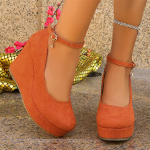 Willtoo Wedges for Women Closed Round Toe Ankle Strap Platform High Heel Wedge Pumps Dress Shoes Orange