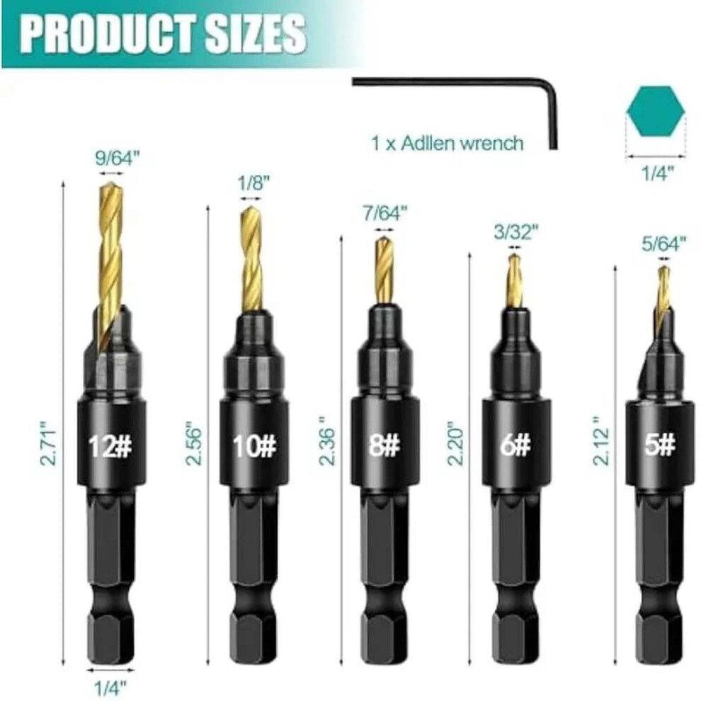 5Pc Countersink Drill Bit Set W/ Hex Shank, Hss, Adjustable Depth, For Wood, Plastic, Plywood Â Compatible With Standard Drills 9399596210124