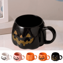 12 oz Halloween Pumpkin Mug – Ceramic Coffee Cup with Happy Halloween Pattern, Black Face Design, for Adults/Kids, Tabletop Drinkware Gift