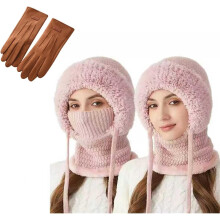 3-in-1 Beanie with Scarf & Mask, Fleece-Lined Winter Hat for Women, Acrylic Blend, Windproof, Adjustable Drawstring (22-23"), Compatible with Cold