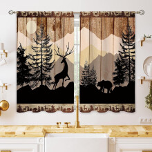 Rustic Cabin Forest Kitchen Curtains, Woodland Farmhouse Brown Window Treatment with Bear/Deer, 27.5x39 in, Compatible with Cafe/Bathroom/Dining Room