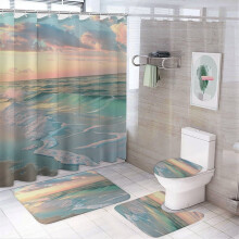 4-Pc Beach Sunset Shower Curtain Set w/ Non-Slip Rug & Toilet Lid Mat – Ocean Waves Seascape, Waterproof Bathroom Decor