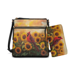 Stilfuldt PU-læder Sunflower crossbody-pung og tegnebogsæt til kvinder – stor taske med justerbar rem, kompatibel med hverdag, rejser og arbejde