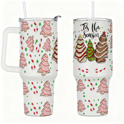Weihnachtsplätzchenbaum-Becher mit Deckel und Strohhalm, Festtagsbecher