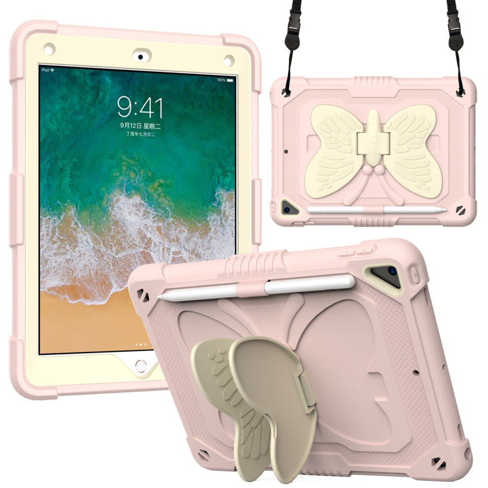 Pink & Beige Rugged Ipad Case With Kickstand, Pencil Holder, Compatible With Ipad 6Th/5Th Gen, Air 2 (9.7") Pink,Cream 9193271876557