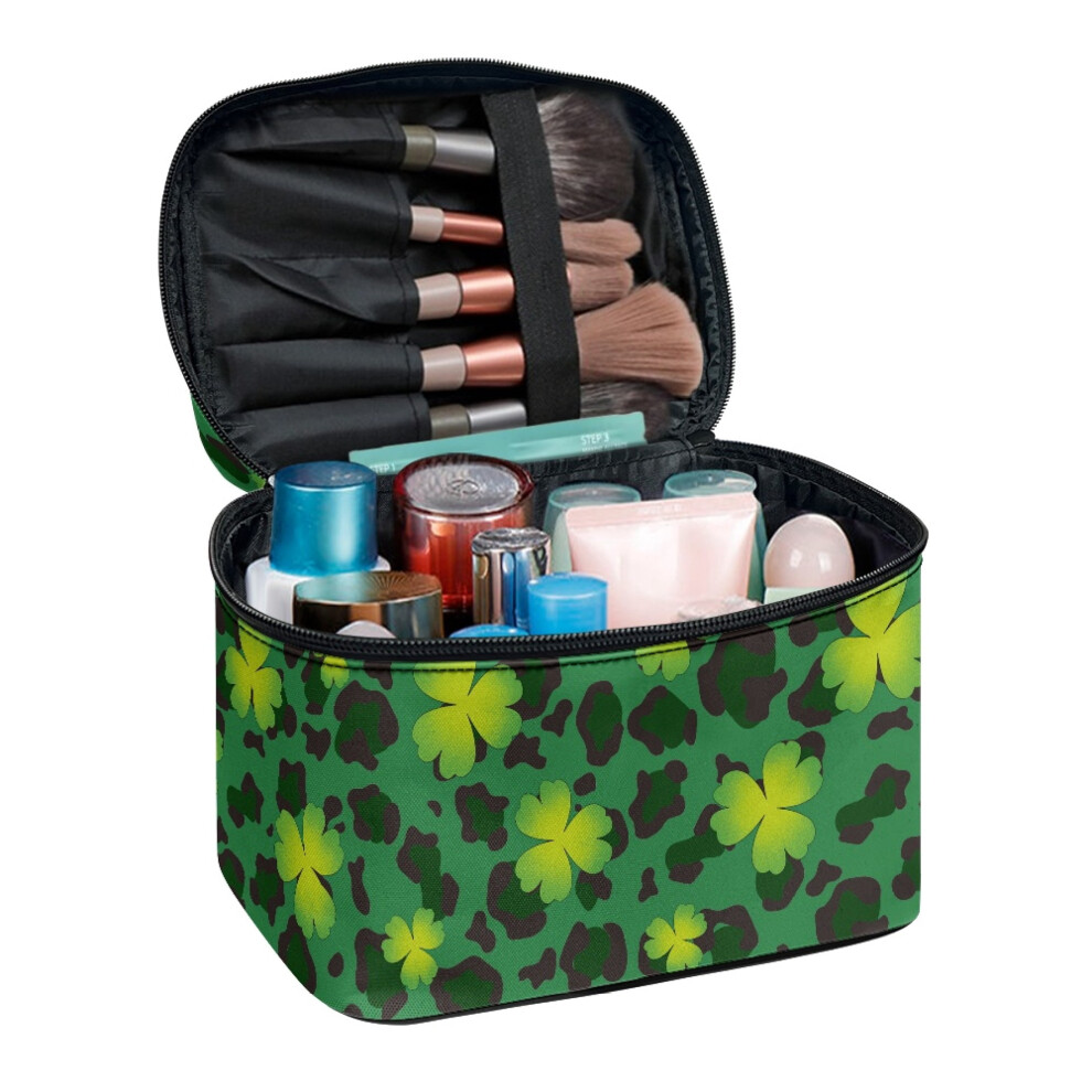 Clover Leopard Print Cosmetic Makeup Bag Wide-open Travel Make Up Organizer Beauty Brush Holder for Woman Travel