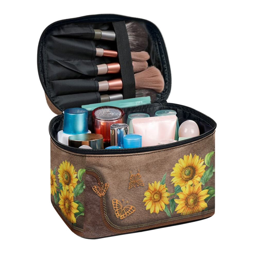8.86 x 6.5 x 5.9 Inches Cosmetic Makeup Organizer Bag Teacher Travel Portable Multi-Function Makeup Organizer Sunflower Pattern