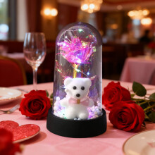 LED Rose Bear Night Light with Blue Preserved Flower and