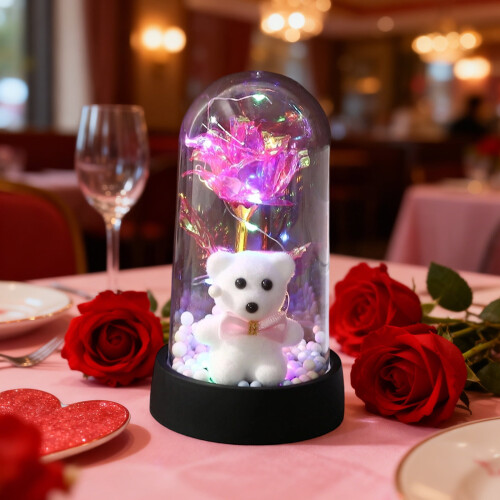 LED Rose Bear Night Light with Blue Preserved Flower and