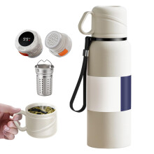 Stainless Steel Vacuum-Insulated Tea Infuser Bottle with Temp Display, Cup Lid & Large 1980ml Capacity (White)
