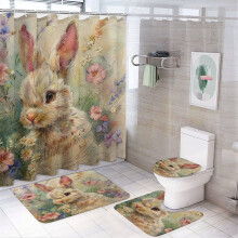 4-Piece Watercolor Spring Bunny Bathroom Rug Set with Shower Curtain – Compatible with Farmhouse Style