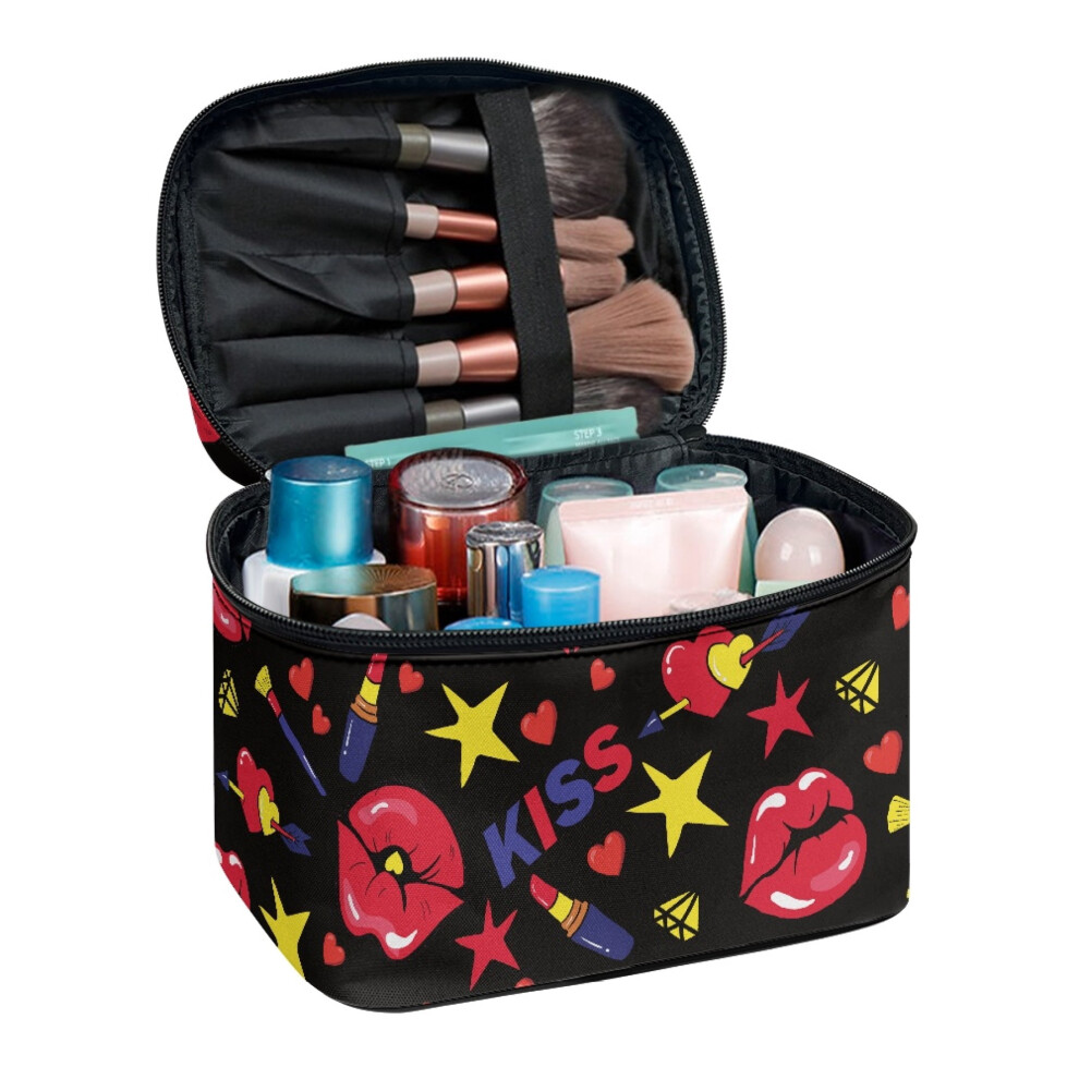Travel Cosmetic Organizer Bag Double Zip Travel Cosmetic Makeup Bag with Brush Slots Traveling, Lip Star Pattern Design