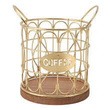 Stylish Gold Coffee Pod Basket with Wooden Base – Durable Metal Wire, Rust‑Proof, Space‑Saving Countertop Holder