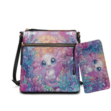 Set portofel și poșetă tip crossbody Axolotl cu imprimeu coral pentru femei – piele PU, buzunare multiple, curea reglabilă