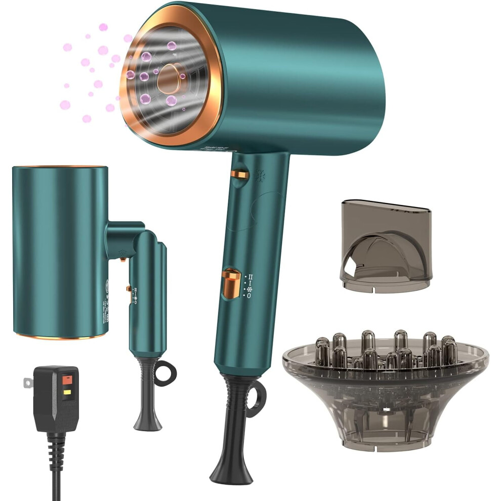 Professional Ionic Hair Dryer with Diffuser & Concentrator, Foldable Travel Design, Constant Temp â Vintage Green