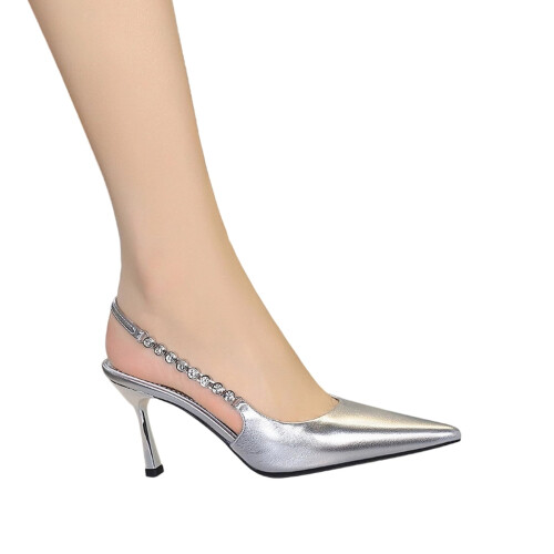 Women's Leather Rhinestone Chain Backless Pumps 2