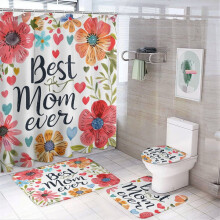 4-Piece Wildflowers Shower Curtain Set with Non-Slip U-Shape Mat, Rug & Toilet Lid Cover – “Best Mom Ever” Waterproof Bathroom Decor Set