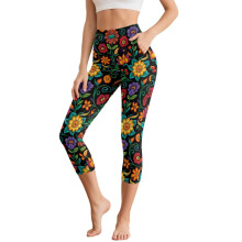 Virágmintás Capri leggings Magas derekú jóganadrág Lélegző edzőleggings Sportos jógacaprik zsebekkel, XS